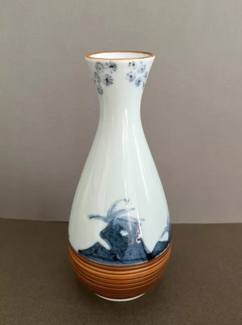 Hand Painted Ceramic Sake Decanter Blue/Brown Crane Mountains Vase