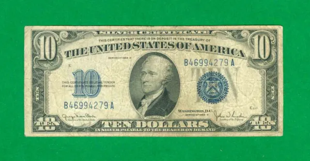$10 1934-D 1 B/A Block Blue Seal Silver Certificate Circ. Wide.