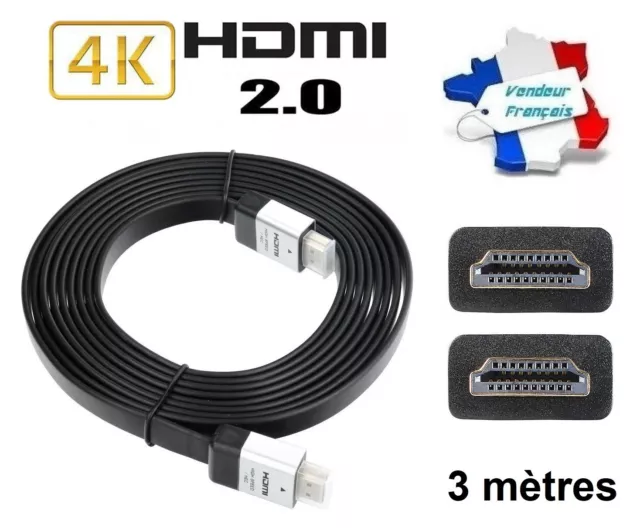 Câble HDTV Plat HDMI Haute Vitesse 4K Ultra HD Ethernet vers 2.0 Longueur 3m