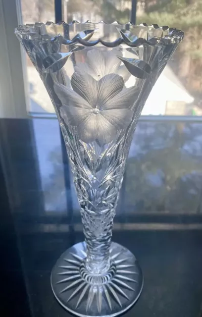 American Brilliant Period Cut Glass Crystal Trumpet Vase Floral