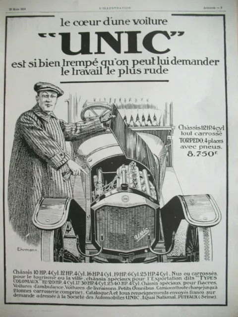 Publicite De Presse Unic Automobile 12 Hp 4 Cyl. Illustration Ehrmann Ad 1914