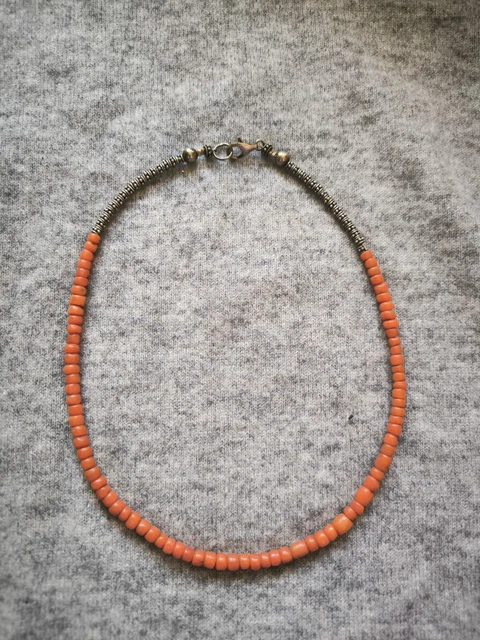 Collier Ancien En Argent Massif Avec Vraie Pierre De Corail Rouge - Bijou Traditionnel