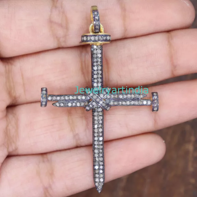 Natural Pave Diamond 925 Sterling Silver Cross Christmas Pendant Jewelry