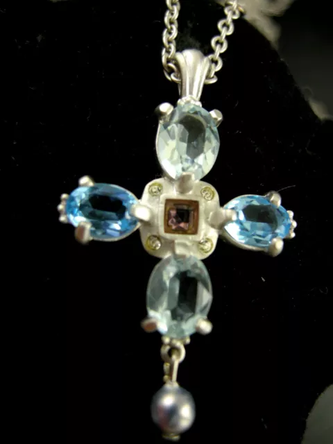 Signed Swarovski Blue Topaz Crystal Cross Neck~Pendant Retired Rare Nwt