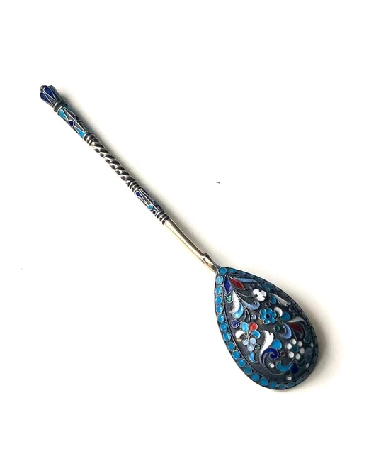 Antique Russian Imperial solid silver caviar spoon with enamel 84 Zolotniki