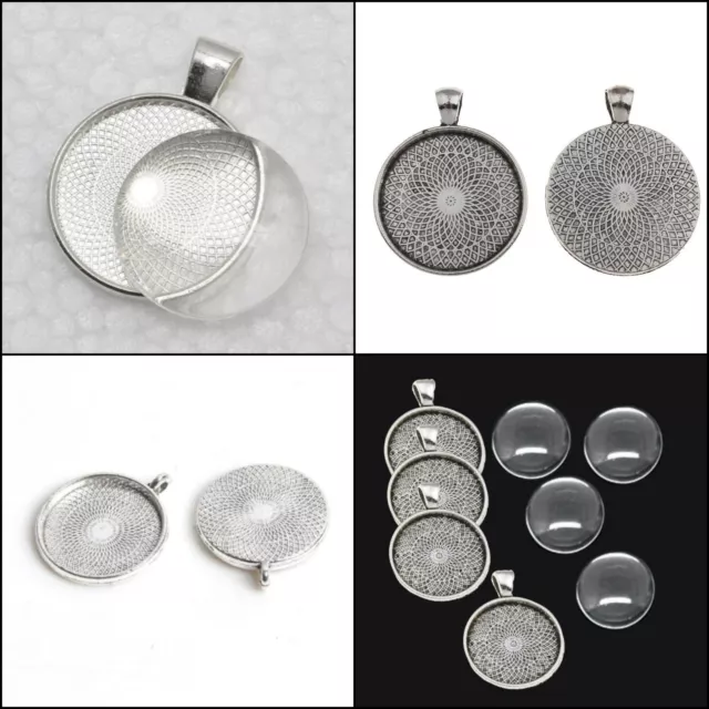 Silber Fassungen Rund für Cabochons Medaillons Anhänger mit Klar Glas Cabochon