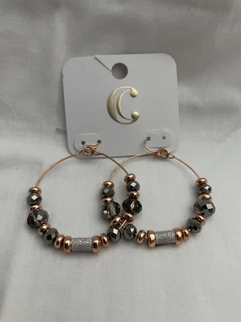 Charming Charlie Rose Gold Hoop Earrings With Grey And Rose Gold Beads NWT