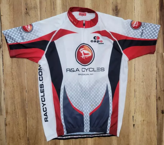 CAPO R&A Cycles Brooklyn NY Full Zip Cycling White Red Short Sleeve Top Adult XL