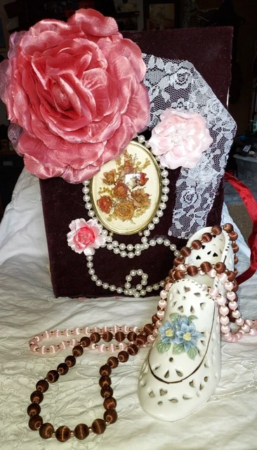 Victorian Junk Journal,Ceramic Shoe, 2 Necklaces, Hankie, Crochet Ladies Glove