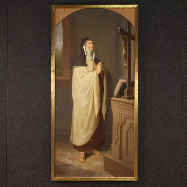 Pintura antigua retrato mujer Santa cuadro religioso lienzo al oleo siglo XIX