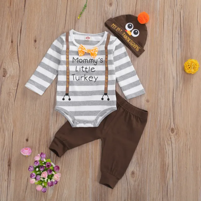 Newborn Baby Girl Boy Thanksgiving Clothes Long Sleeve Stripe Romper 3Pcs Outfit