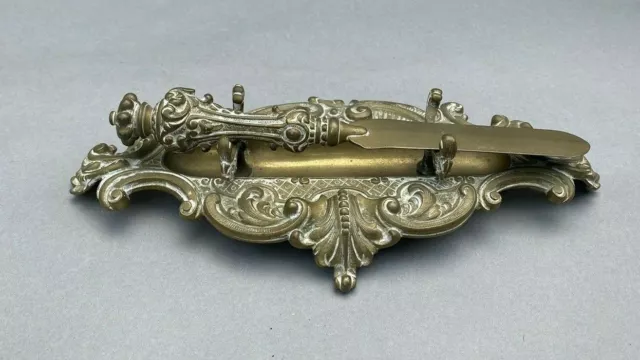 Ornate Antique Victorian Cast Metal Letter Opener With Stand 2