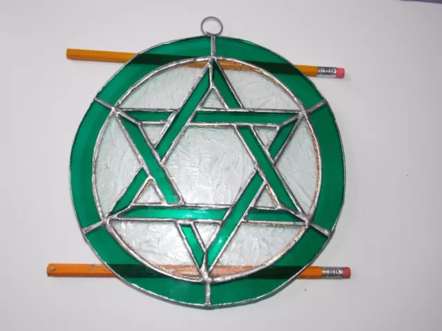 One Leaded Stained Glass Round Sun Catcher Green Star of David Hanging 7'' 2