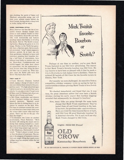 1963 Old Crow Kentucky Bourbon Mark Twain Sports Illustrated Print Ad Original