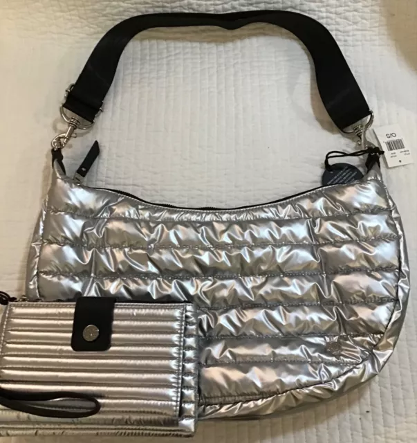 SAMANTHA BROWN TO GO HOBO and WALLET WRISTLET 2 PIECE SET SILVER METALLIC