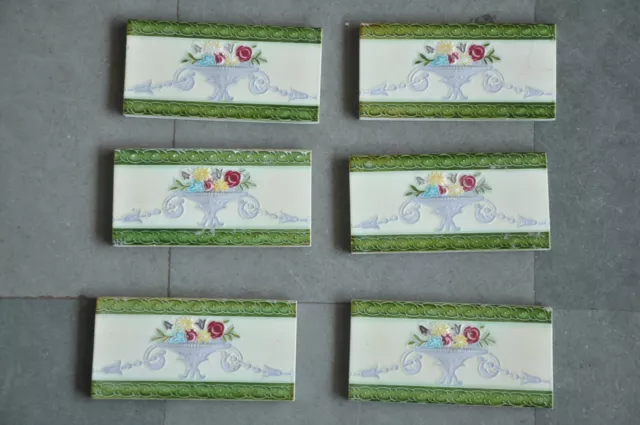 6Pc Vintage Majolica Flower Basket Art Nouveau Architecture Tiles,Japan 2