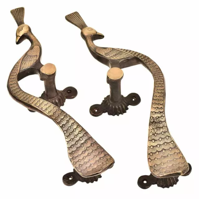 Antique Finish Brass Peacock Door Handles Pulls  Vintage Style Set 2