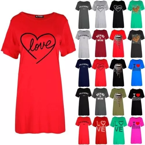 Donna Love Cuore Oversize Largo da Sera Estivo Tunica T-Shirt Mini Abito