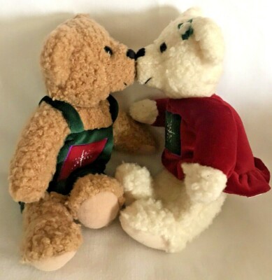 Hallmark Kiss Kiss Mistletoe Christmas Plush Bears Vintage Magnet Noses Girl Boy