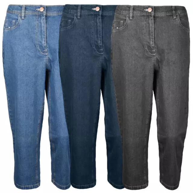 Women Ladies Denim Jeans Straight Leg Short Regular Fit Multi Pockets Trousers