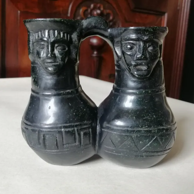 Pre Columbian Chimu Peruvian Blackware Figural Men Whistle Vessel - Replica?