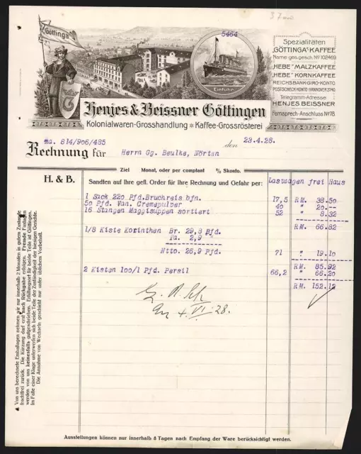 Rechnung Göttingen 1928, Henjes & Beissner, Kolonialwaren-Grosshandlung & Kaffe