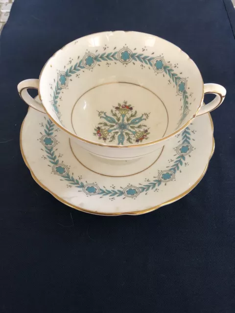 Coalport Footed Bouillon Cup 2 Handles & Saucer "Geneva" Bone China England