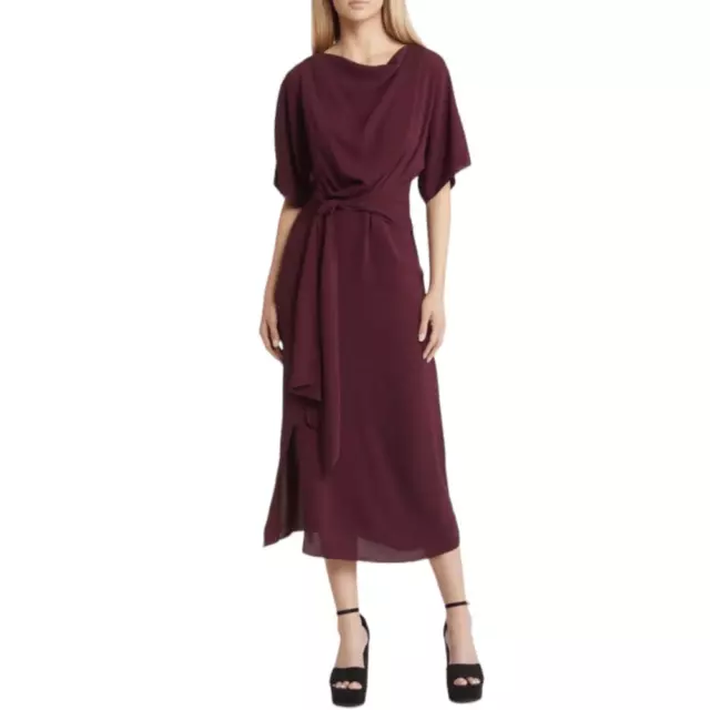 ASOS Dress Womens Size 4 Burgundy Cowl Neck Tie Waist Midi