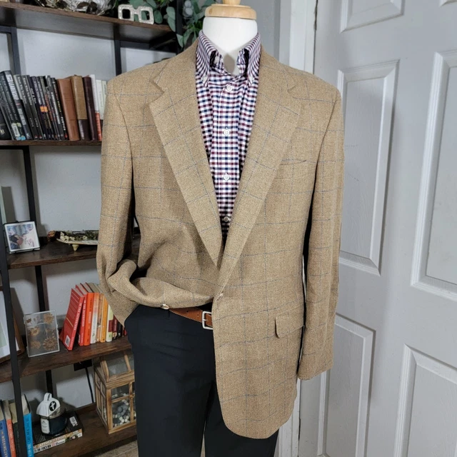VTG Botany 500 Men's Sport Coat Blazer Two Button Plaid Tweed Brown Wool 44R