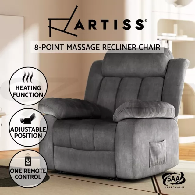 Artiss Recliner Chair Electric Massage Chair Velvet  Lounge Sofa Heated Grey