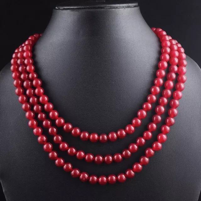 3 Strand Round Shapes Ruby 702. Cts Beaded Fabulous Necklace Jewelery VK 06 E551