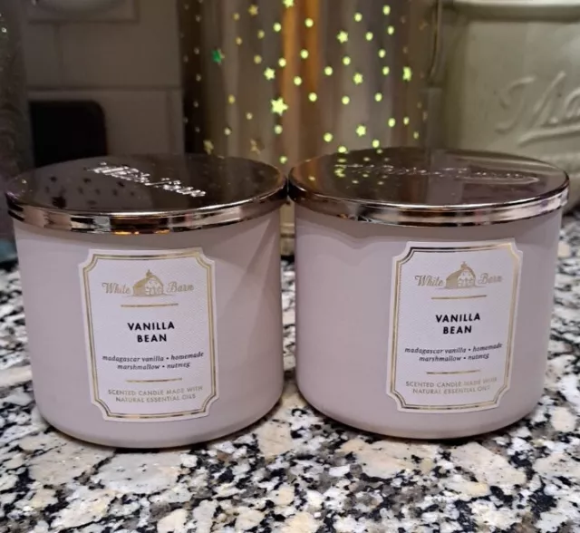 New 2 Bath & Body Works Vanilla Bean 3-Wick Fragrance Scented Candle White Barn