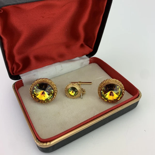 VTG 70s Watermelon Green Glass Gold Tone Cuff Link Tie Pin Set Boxed Disco Bling 2