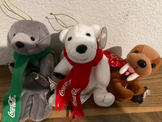 Coca Cola bean bag plush lot of 3 Polar Bear Seal Walrus Lot Beanie Toys Vintage 2