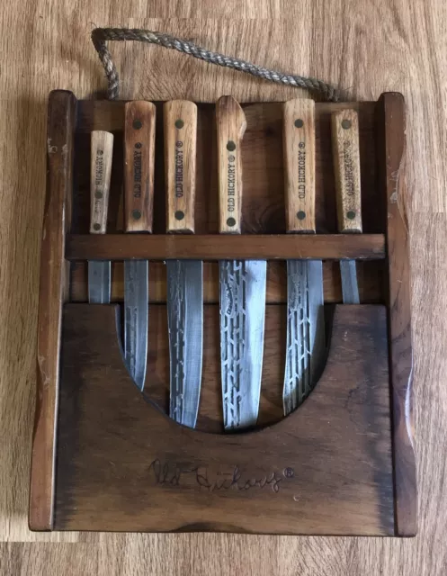 Vintage Old Hickory 6 Knife Set With Wall Rack Made In U.S.A.