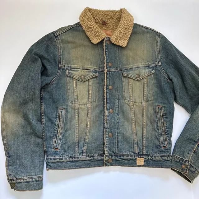 Vintage Abercrombie & Fitch Sherpa Lined Denim Jean Jacket Trucker Distressed M