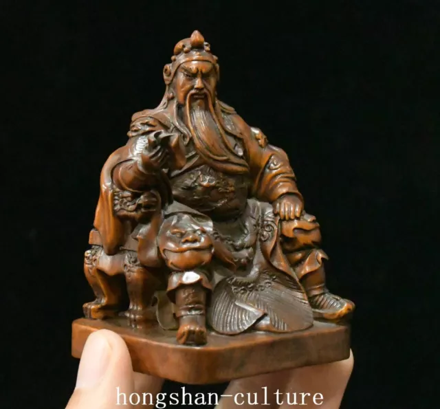 10,2 cm vieux buis main sculpture Feng Shui Guan Gong Yu général livre Statue 2