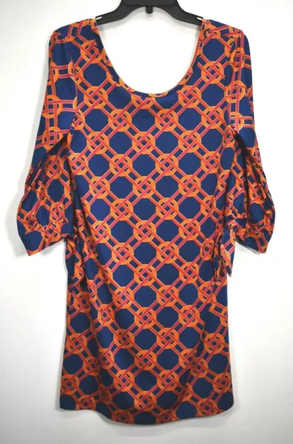 Mud Pie Womens Navy Blue Orange 3/4 Tie Sleeve Crew Neck Stretch Shift Dress S