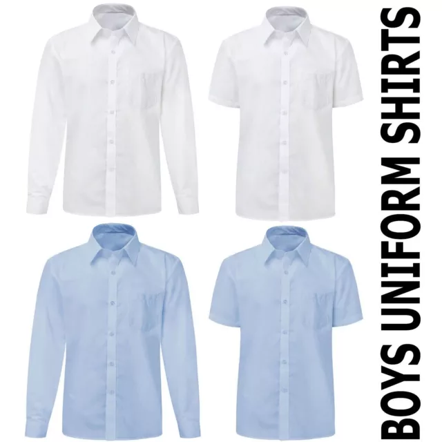 Boys Long Short Sleeve Shirts Stay White Blue Age 7 to 18 School Uniform Dress