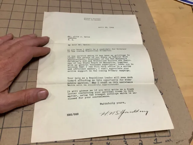 vintage paper(s): 1926 signed letter (H Spaulding) while running for Governor NH