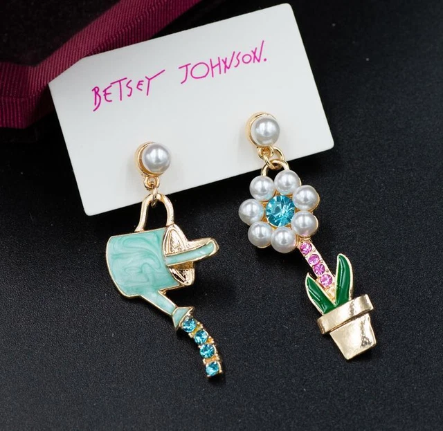 Betsey Johnson Blue rare Rhinestone Crystal Glaze Pearl Flowers drop Earrings