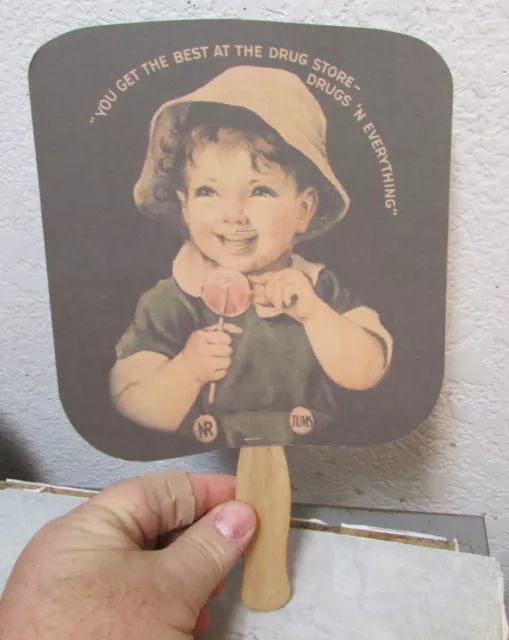 vintage cardboard advertising fan, Tums Drug store, Bear Drug Denison Texas