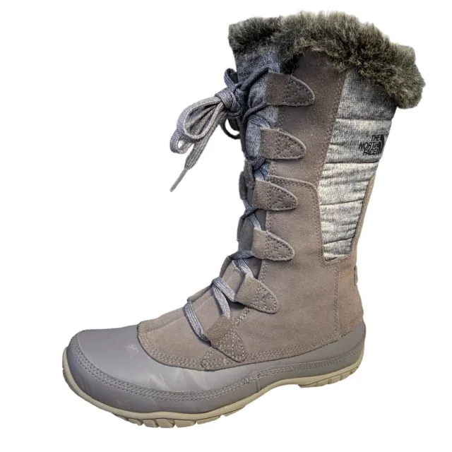 The North Face Boots Nuptse Purna Gray Suede Faux Fur Trim Mid Calf Women's Sz 6