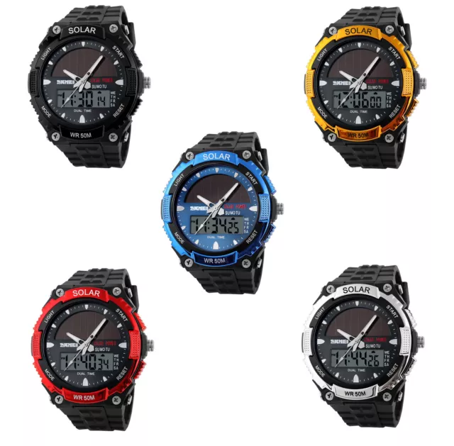 SKMEI Mens Solar Power Sport LED Digital Wrist Watch Alarm Date 50m Waterproof