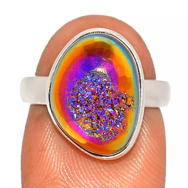 Treated Rose Titanium Aura Druzy 925 Sterling Silver Ring Jewelry s.6.5 CR8061