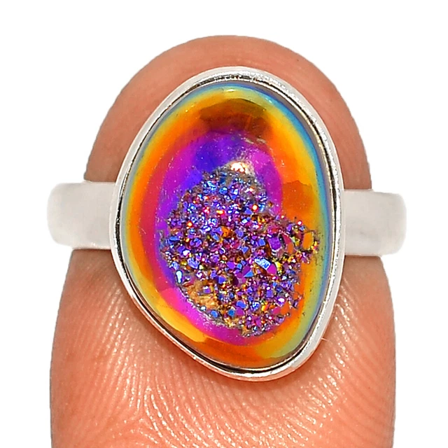 Treated Rose Titanium Aura Druzy 925 Sterling Silver Ring Jewelry s.6.5 CR8061
