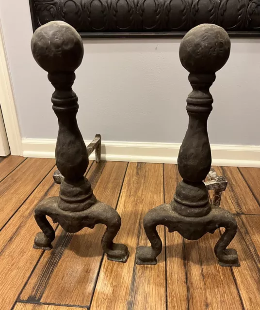 Antique 1870’s Hammered Cast Iron Fireplace Andirons Victorian Fire Dogs 3710