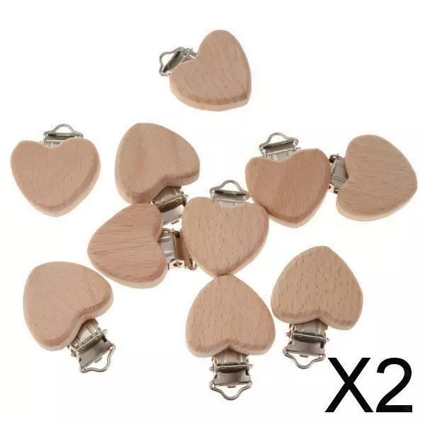 2X 10 pezzi ciuccio in legno ciuccio con clip porta clip per bambino cuore