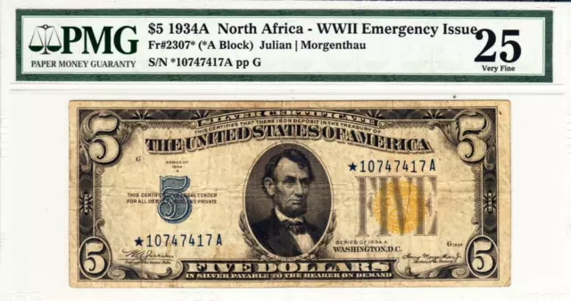 Fr. 2307* $10 1934A North Africa Silver Certificate PMG 25 Very Fine- RARE STAR!