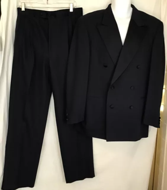 pal zileri Tuxedo Navy Double Breasted Pleated Pants 32” Satin Lapel Size 40 R